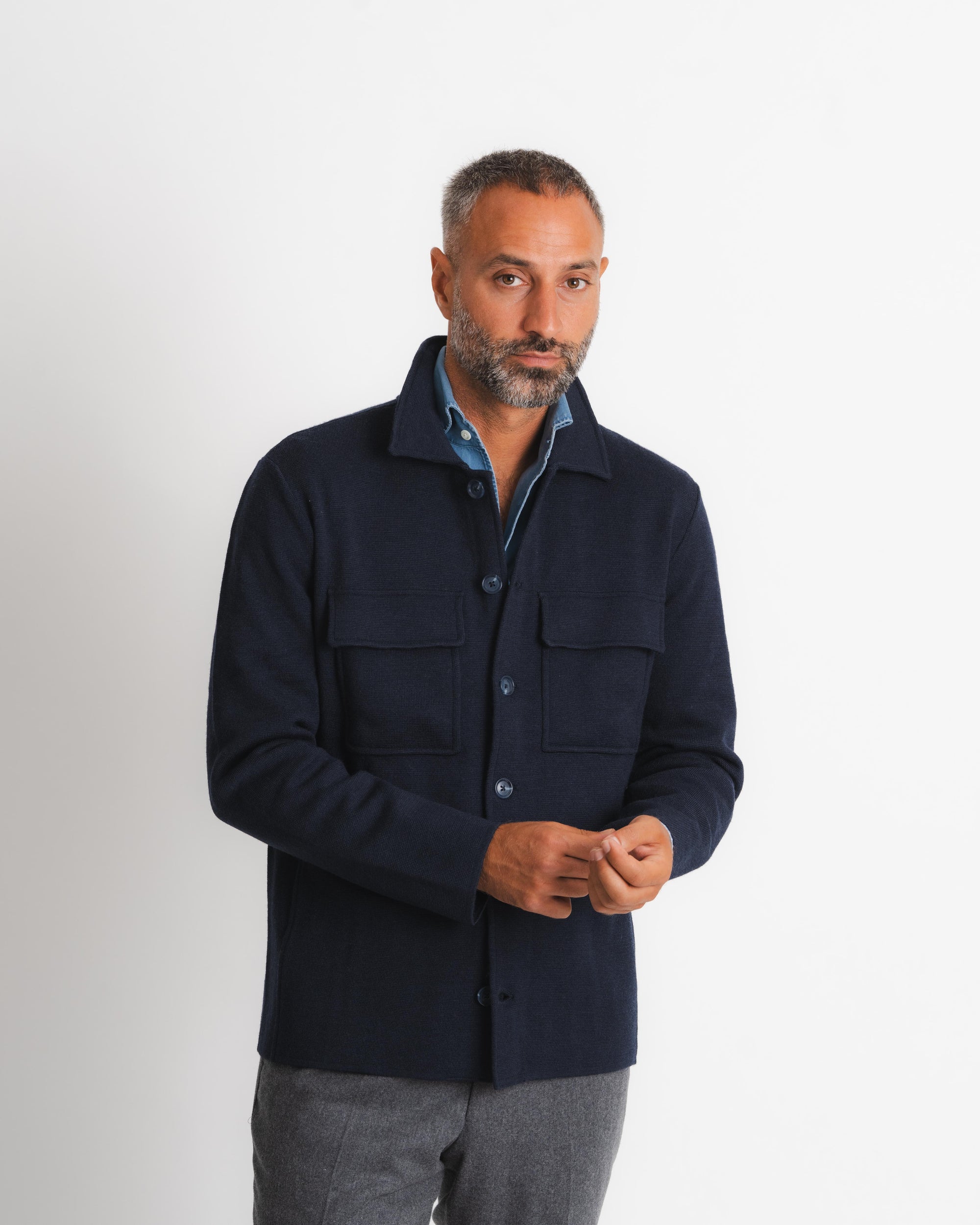 Knitted Shirt Jacket - Navy