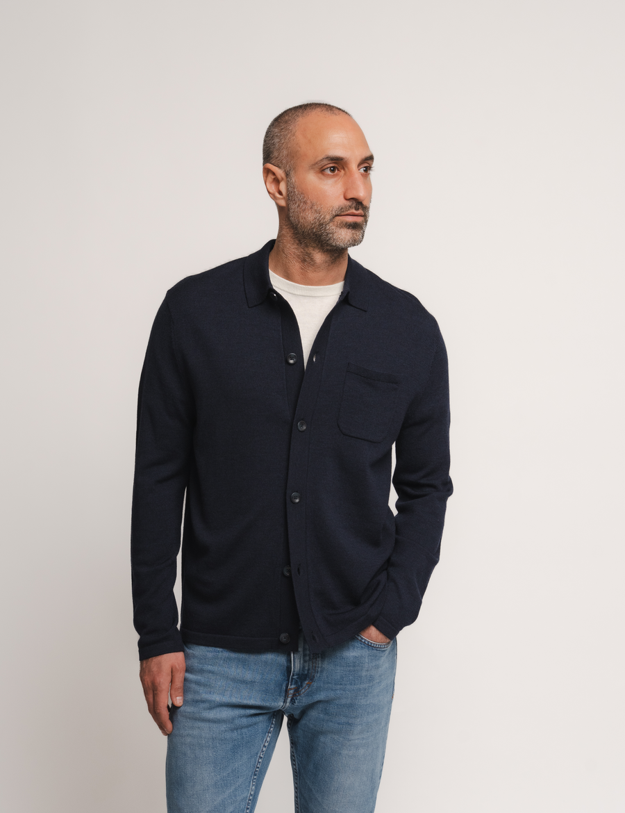 Knitted Shirt Cardigan - Navy
