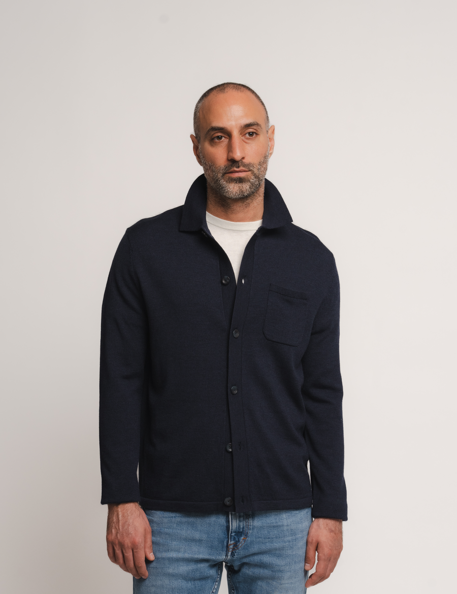 Knitted Shirt Cardigan - Navy