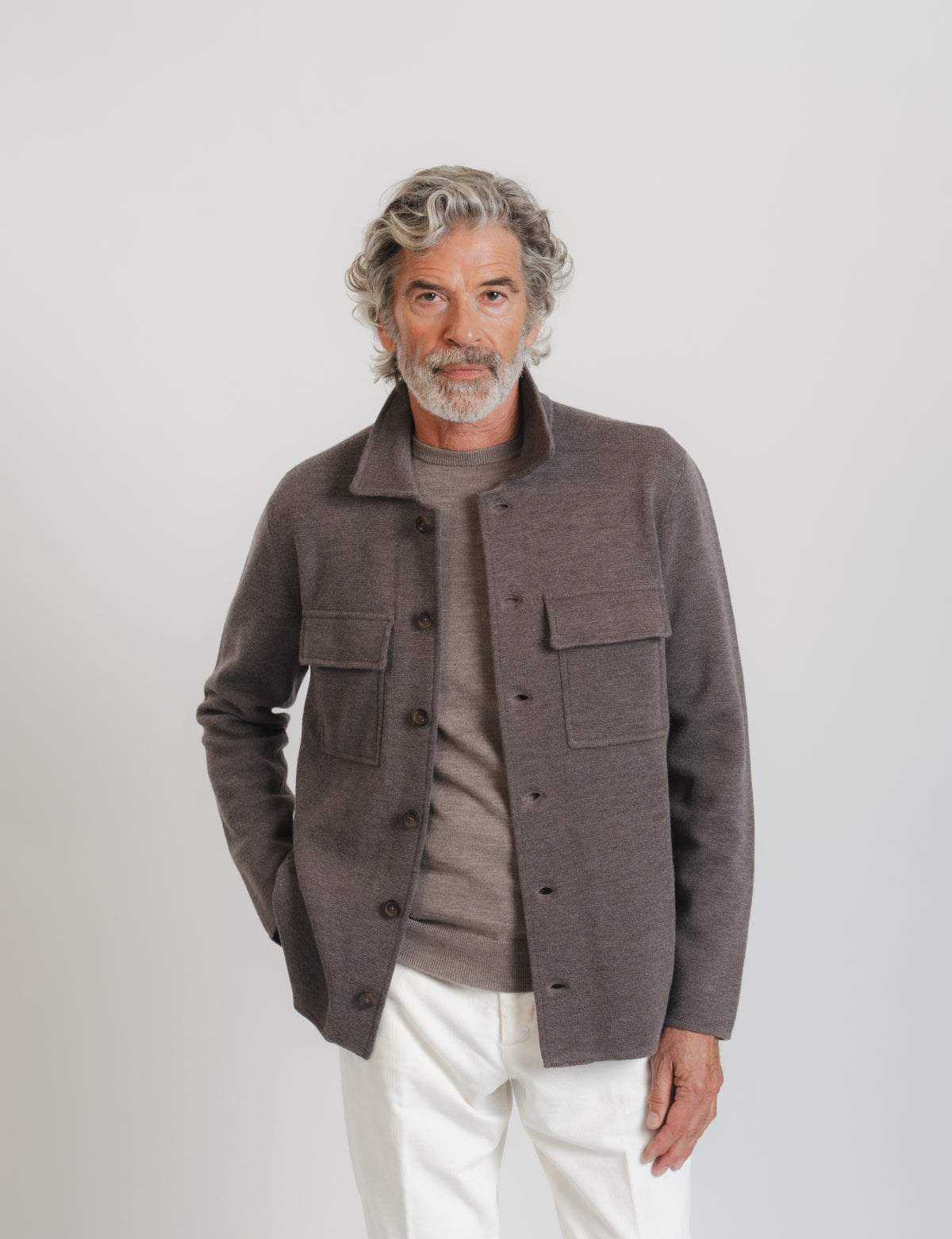 Knitted Shirt Jacket - Brown