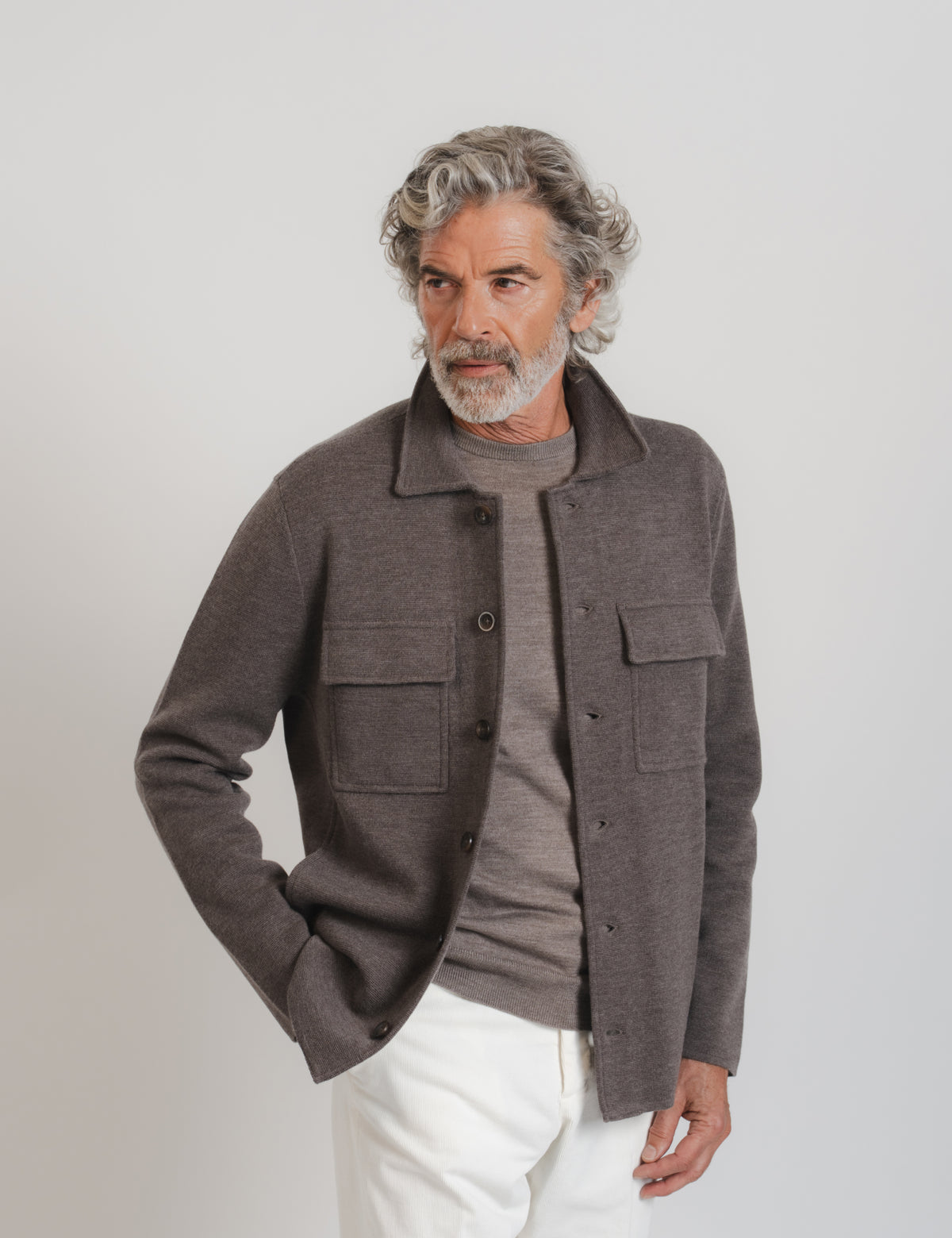 Knitted Shirt Jacket - Brown