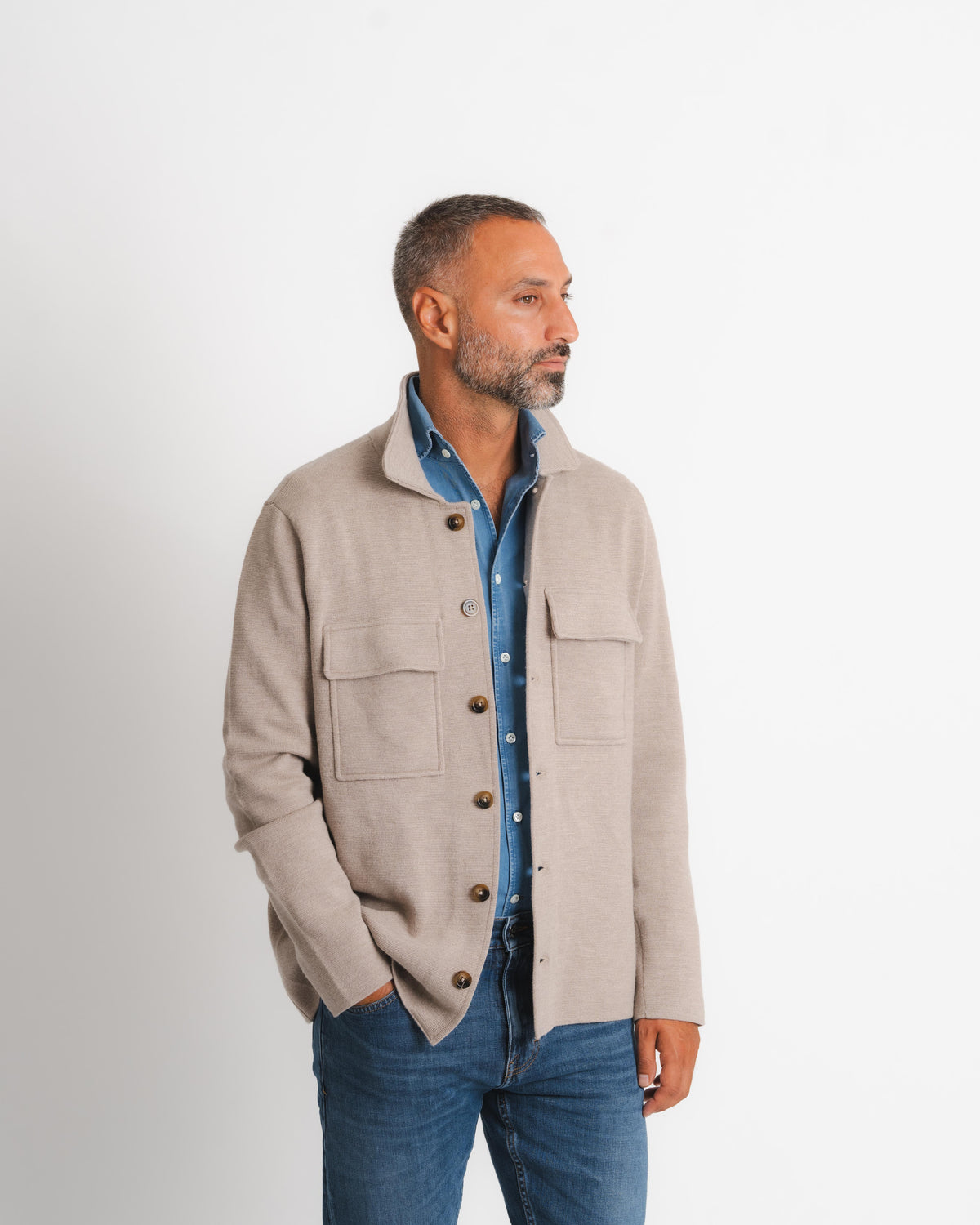 Knitted Shirt Jacket - Taupe