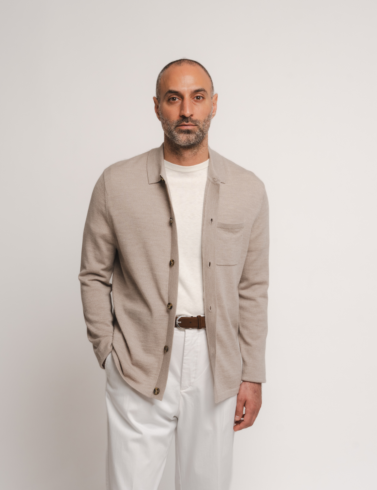 Knitted Shirt Cardigan - Taupe