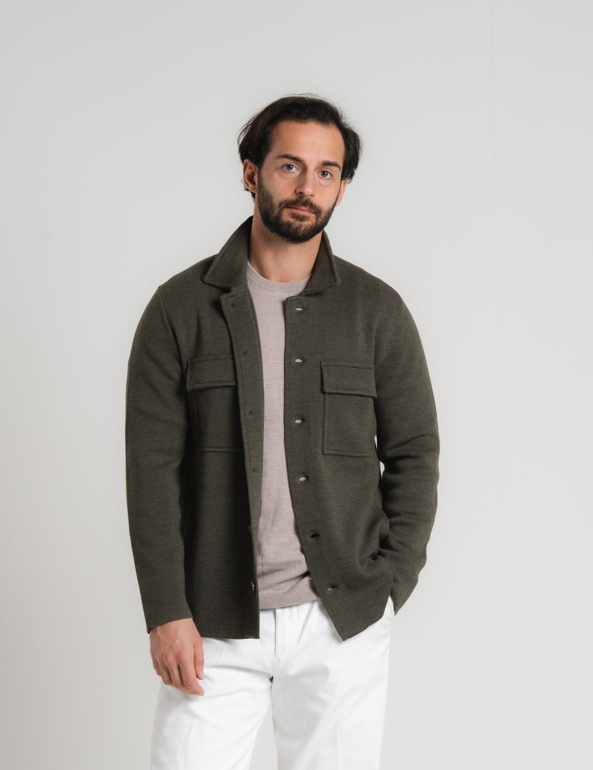 Knitted Shirt Jacket - Olive