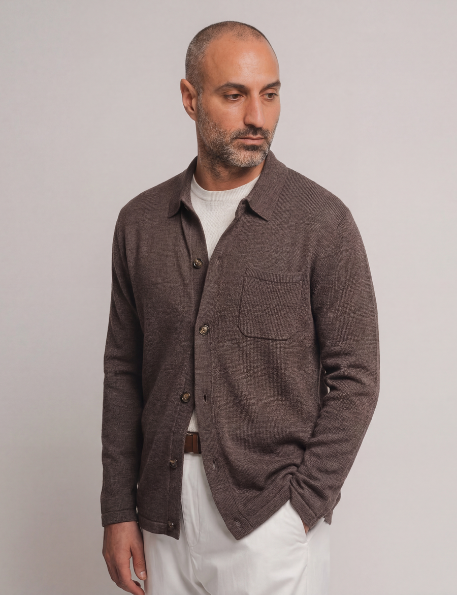 Knitted Shirt Cardigan - Brown