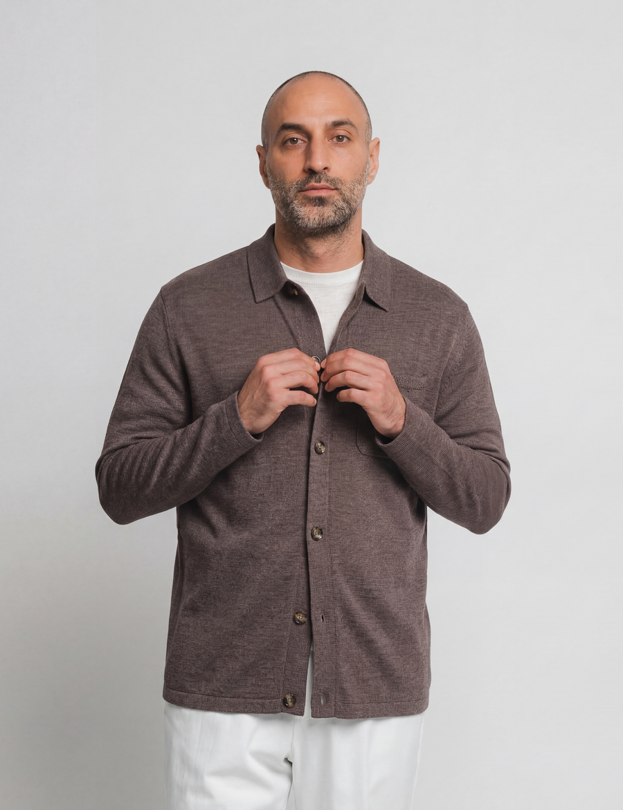 Knitted Shirt Cardigan - Brown